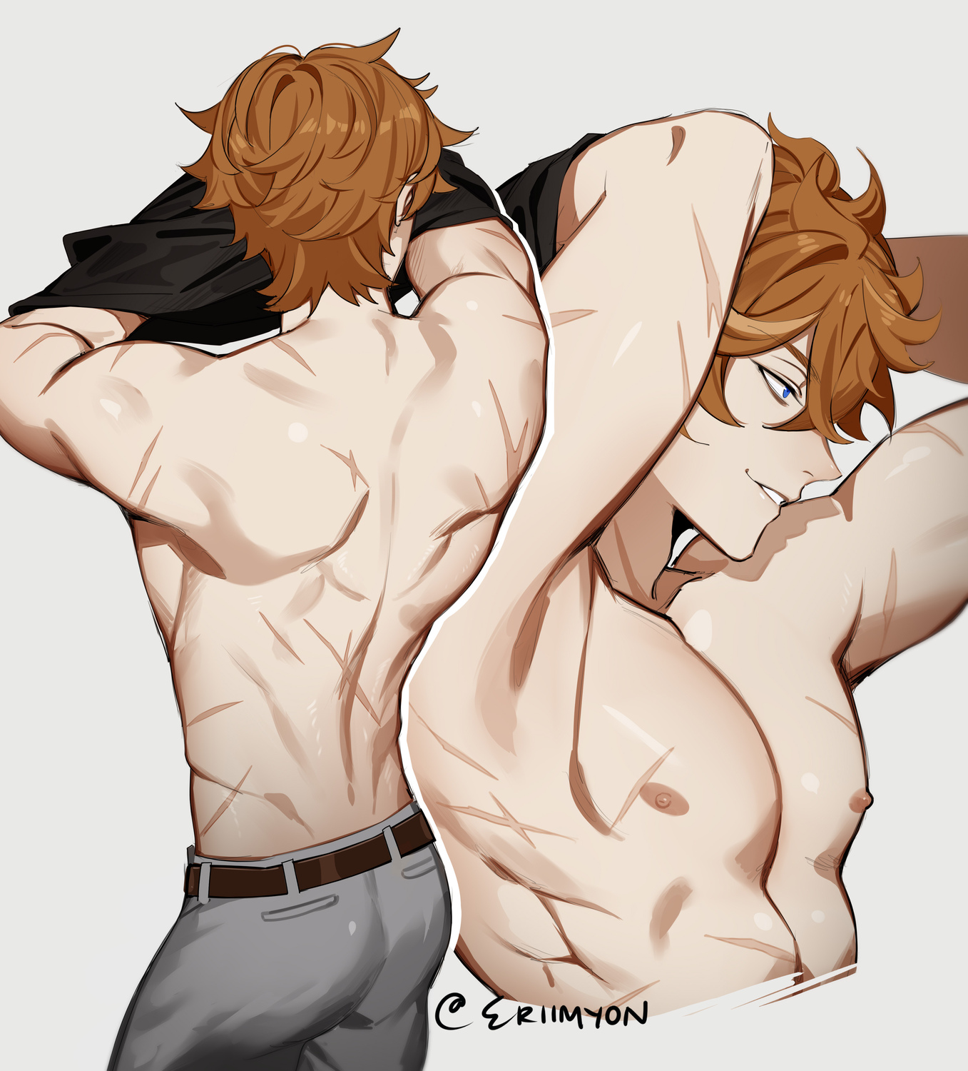 1boy, athletic male, childe (genshin impact), eriimyon, genshin impact, ginger, male, male focus, male only, scar, scars all over, shirtless, shirtless male, taking clothes off, tartaglia (genshin impact), toned body, toned male, undressing, undressing self