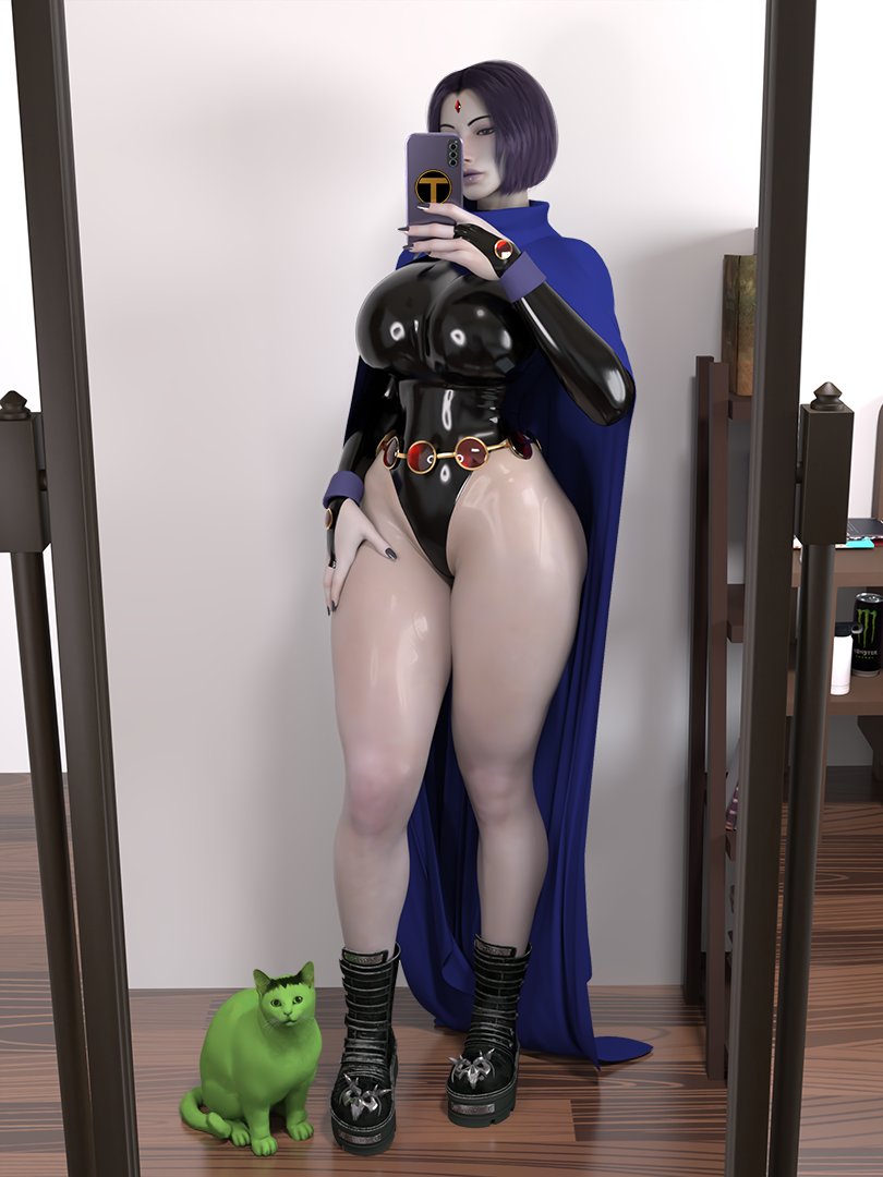 1boy 1girls 3d 3d_(artwork) beast_boy big_boobs big_breasts black_leotard boobs breasts cat dc dc_comics friends garfield_logan gray_skin gray_skinned_female grey_skin grey_skinned_female large_boobs large_breasts latex leotard meme popogori purple_hair purple_hair_female rachel_roth raven_(dc) selfie teen_titans thick_thighs thighs