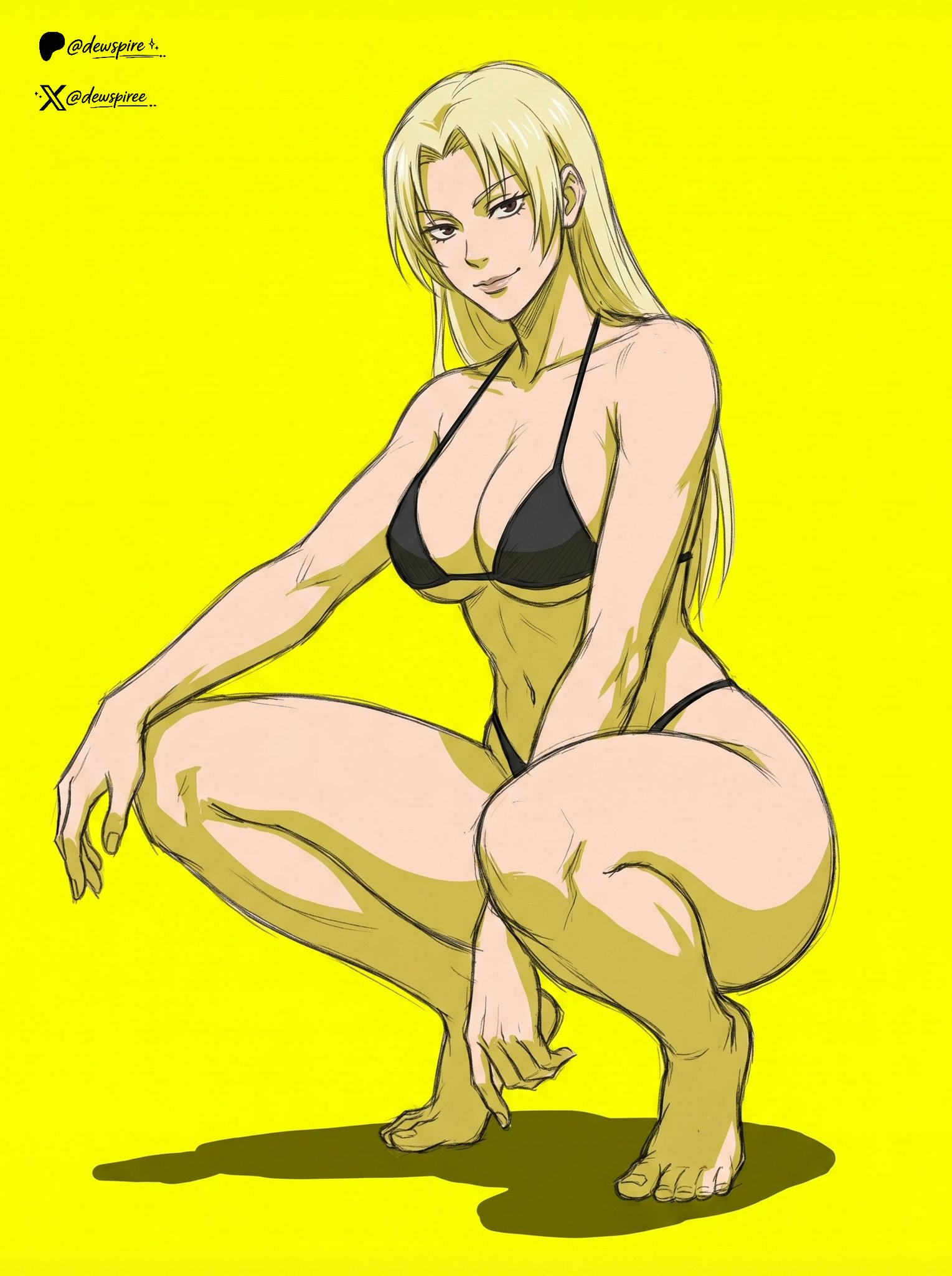 1girls, anime girl, anime style, arched back, barefoot, belly, belly button, bikini, blonde, blonde female, blonde hair, blonde-haired female, child bearing hips, crouching, crouching female, dewspire, hourglass figure, hourglass figured female, jujutsu kaisen, large breasts, long hair, looking at viewer, midriff, posing, posing for picture, posing for the viewer, slim waist, squatting, squatting cowgirl position, teasing, teasing viewer, thick ass, thick thighs, underboob, wide hips, yuki tsukumo