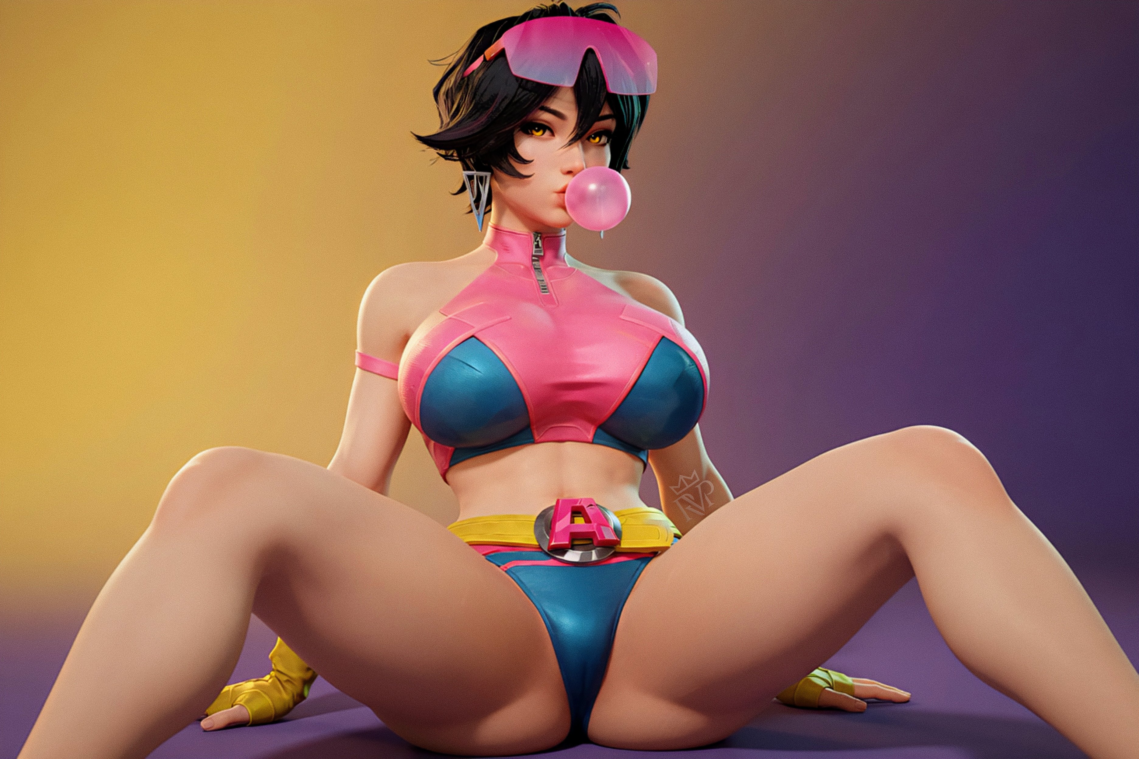 1girls, 3d, amber eyes, big breasts, black hair, breasts, bubble gum, curvaceous, curvy, curvy figure, earrings, female, female focus, female only, glasses, gloves, jubilation lee, jubilee, jubilee (marvel rivals), lipstick, looking at viewer, marvel, marvel rivals, renanvp, short hair, sitting, slim waist, solo, spread legs, spreading, sunglasses, sunglasses on head, tagme, thick thighs, thighs, thong, voluptuous, voluptuous female, x-men