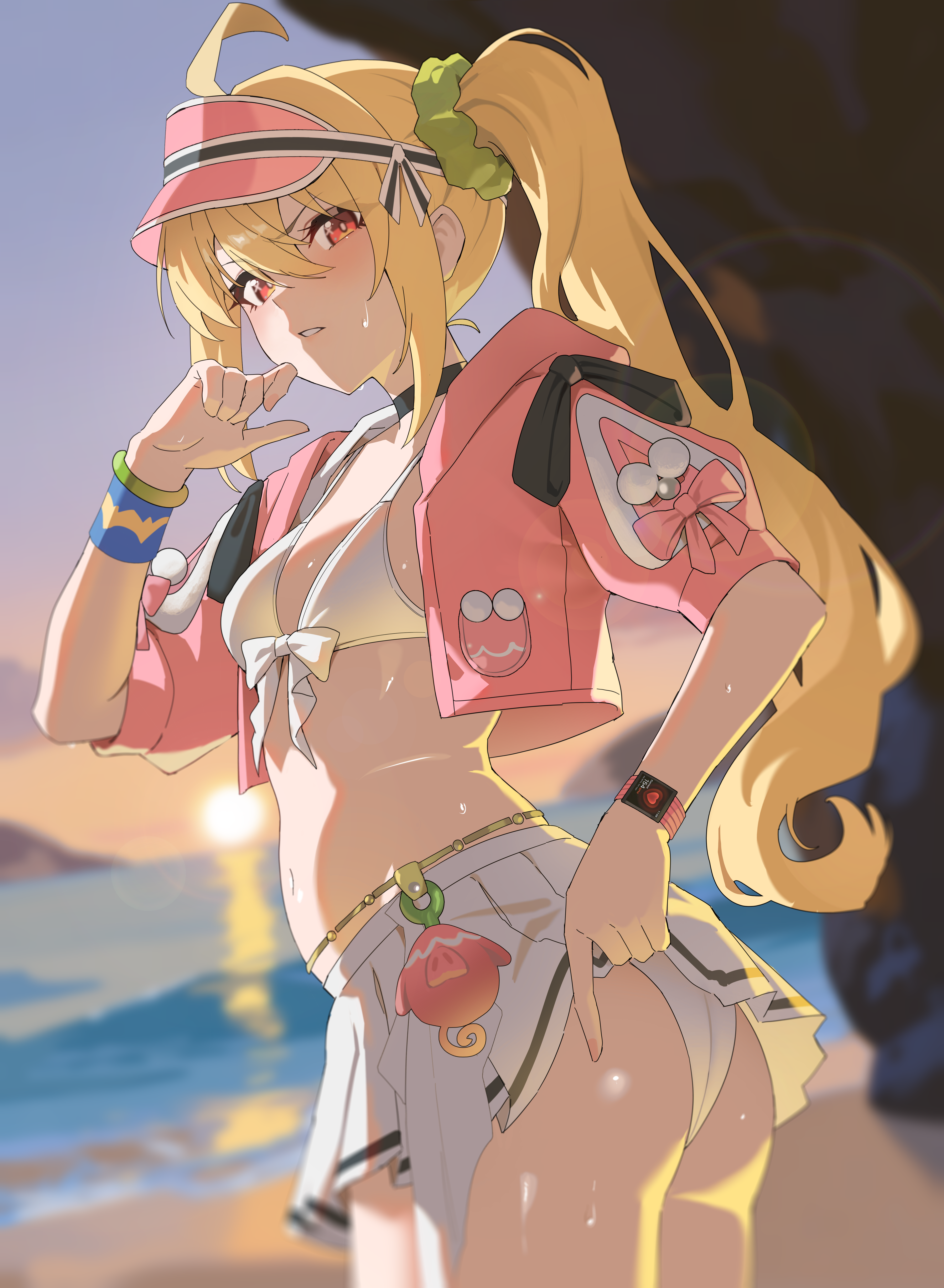 1girls, absurd res, ass, beach, blonde hair, cropped jacket, evening, highres, hood down, hooded jacket, looking at viewer, luciana de montefio, luciana de montefio (princess on holiday), navel, nvl, official alternate costume, open jacket, outdoors, pink jacket, pleated skirt, red eyes, short sleeves, side ponytail, small breasts, solo, sunset, visor cap, wet, white bikini, white skirt, zenless zone zero