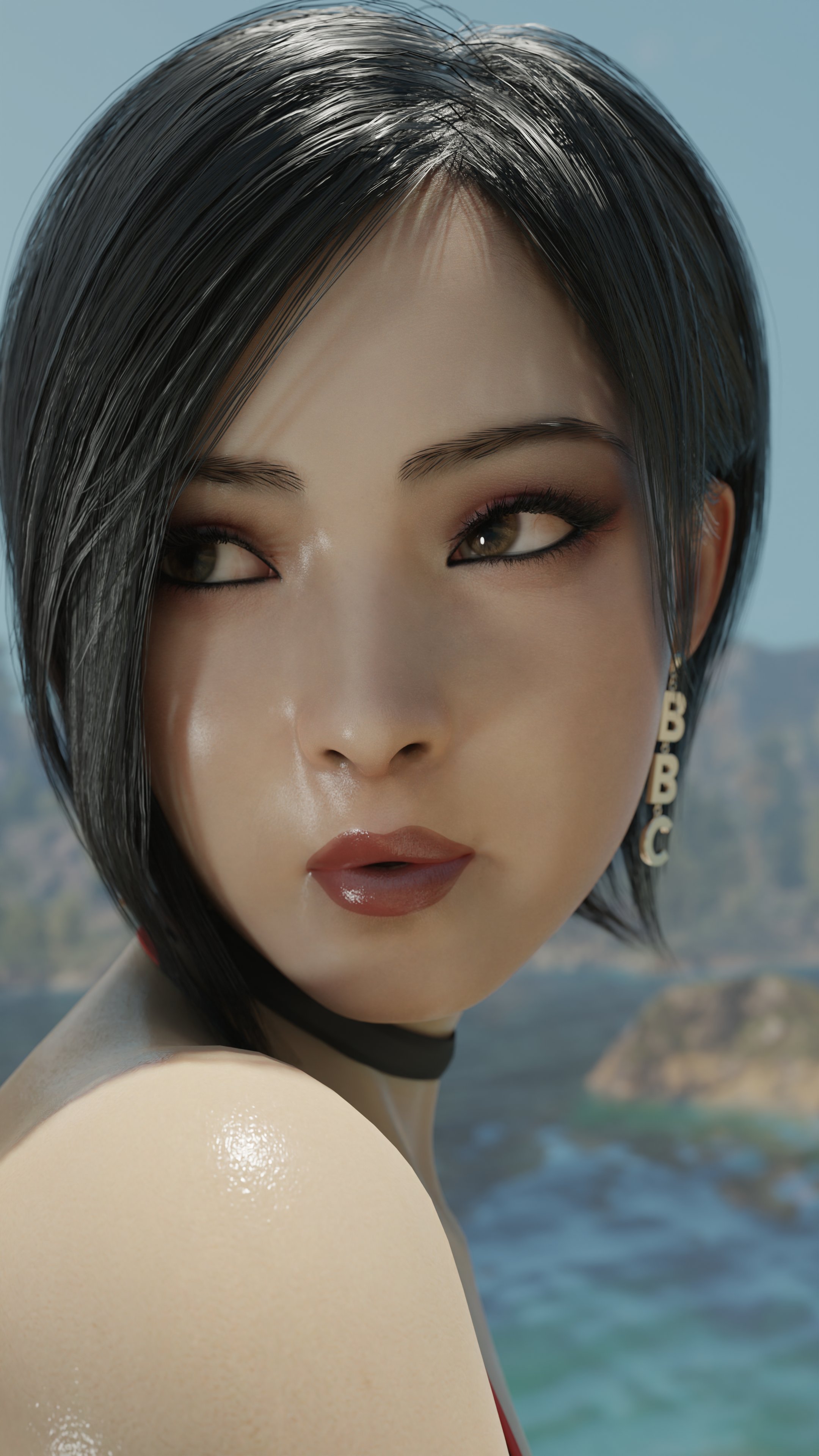 3d, ada wong, ada wong (adriana), asian, asian female, bbc choker, blacked, capcom, choker, color, eyelashes, light skin, light-skinned female, pale skin, resident evil, resident evil 4, serahnsfwart, short hair