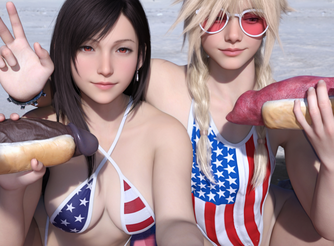 1boy, 1girls, 3d, 3d (artwork), american flag bikini, animal genitalia, animal penis, barret wallace, beach, black, blonde hair, cloud strife, crossdressing, dark-skinned male, dog penis, femboy, final fantasy, final fantasy vii, final fantasy vii remake, hdregrets, hotdog, light skin, light-skinned female, light-skinned male, red eyes, red xiii, selfie, sunglasses, swimsuit, tifa lockhart, twink, v, v sign, zoophilia