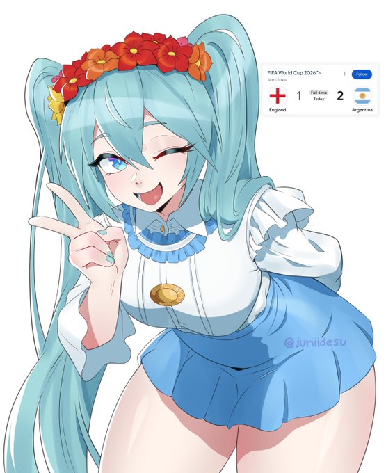 argentina, argentinian miku, blue eyes, blue hair, blue nails, blue skirt, england, flower crown, football, hatsune miku, open mouth, score overlay, skirt, soccer, thick thighs, thighs, vocaloid, white clothing, world cup