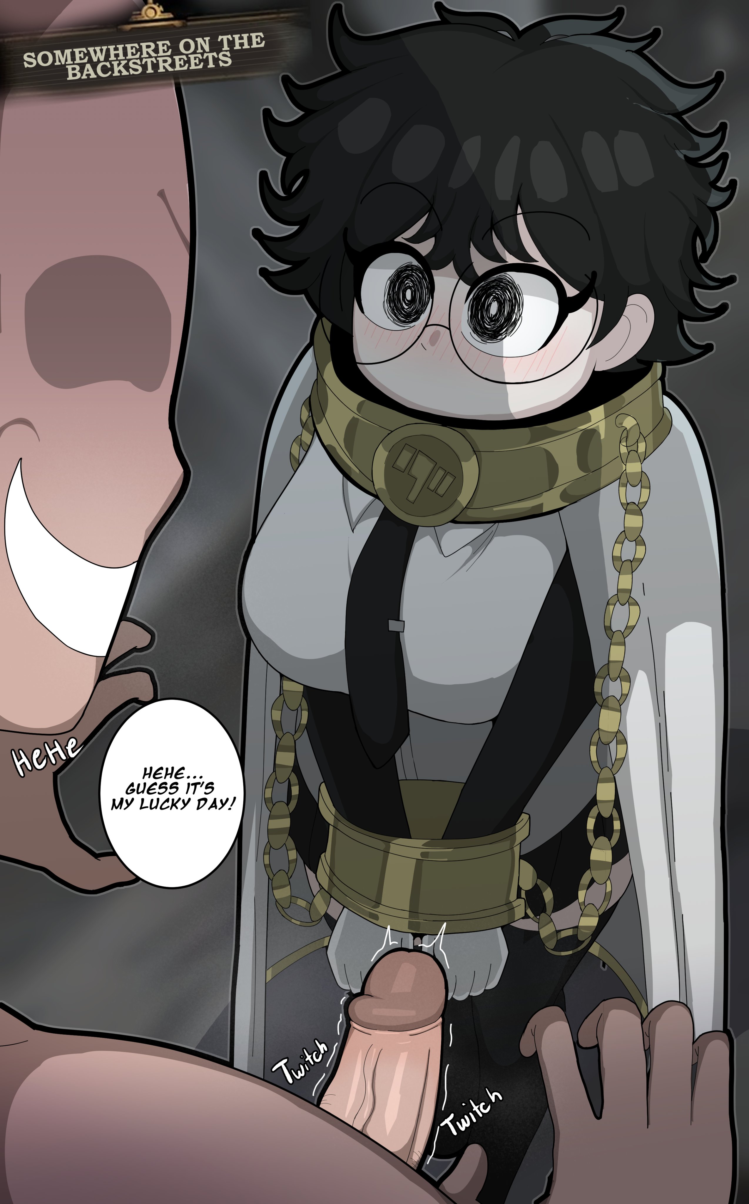 1boy, 1girls, 2d, big penis, black eyes, black hair, breasts, chains, clothed, clothed female nude male, clothing, dark skin, dark-skinned male, female, glasses, hair, lewd mizu22833, light skin, light-skinned female, limbus company, looking at another, male, nude, nude male, penis, project moon, sora (limbus company), suit, suit and tie, text, text bubble, tie, twitching, twitching penis, veiny penis, video games