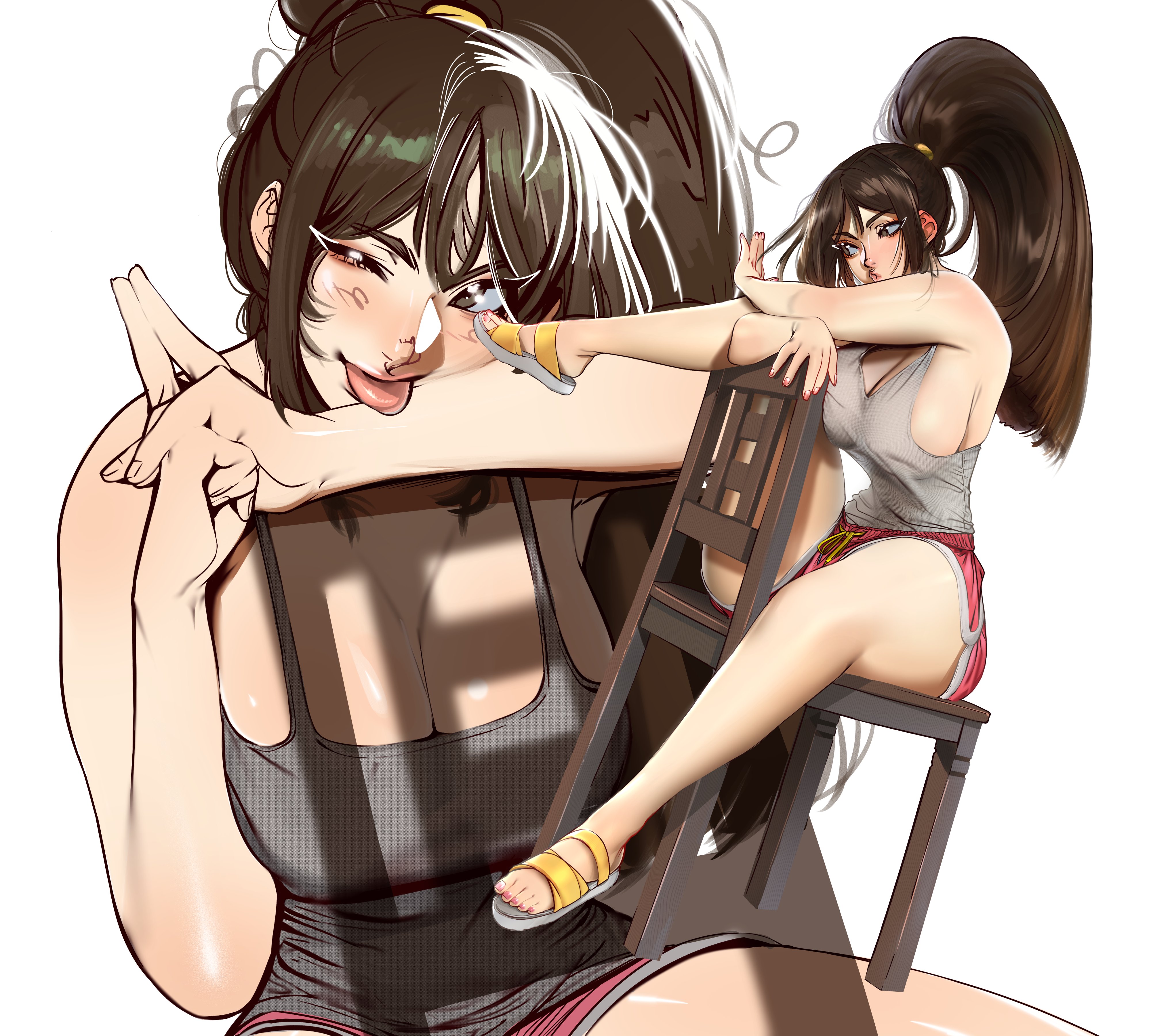 2d, artist name, artist request, asian, asian female, bare legs, bare thighs, barefoot, blushing, brown eyes, casual clothes, cleavage, cleavage cutout, fatal fury, feet up, king of fighters, large breasts, leg up, long hair, mai shiranui, mai shiranui (casual), mature, mature body, mature female, mature woman, milf, milf body, one eye closed, redgray21st, sandals, sideboob, spread legs, tagme, tanktop, teasing, teasing viewer, thick hips, thick legs, thick thighs, tied hair, tongue out