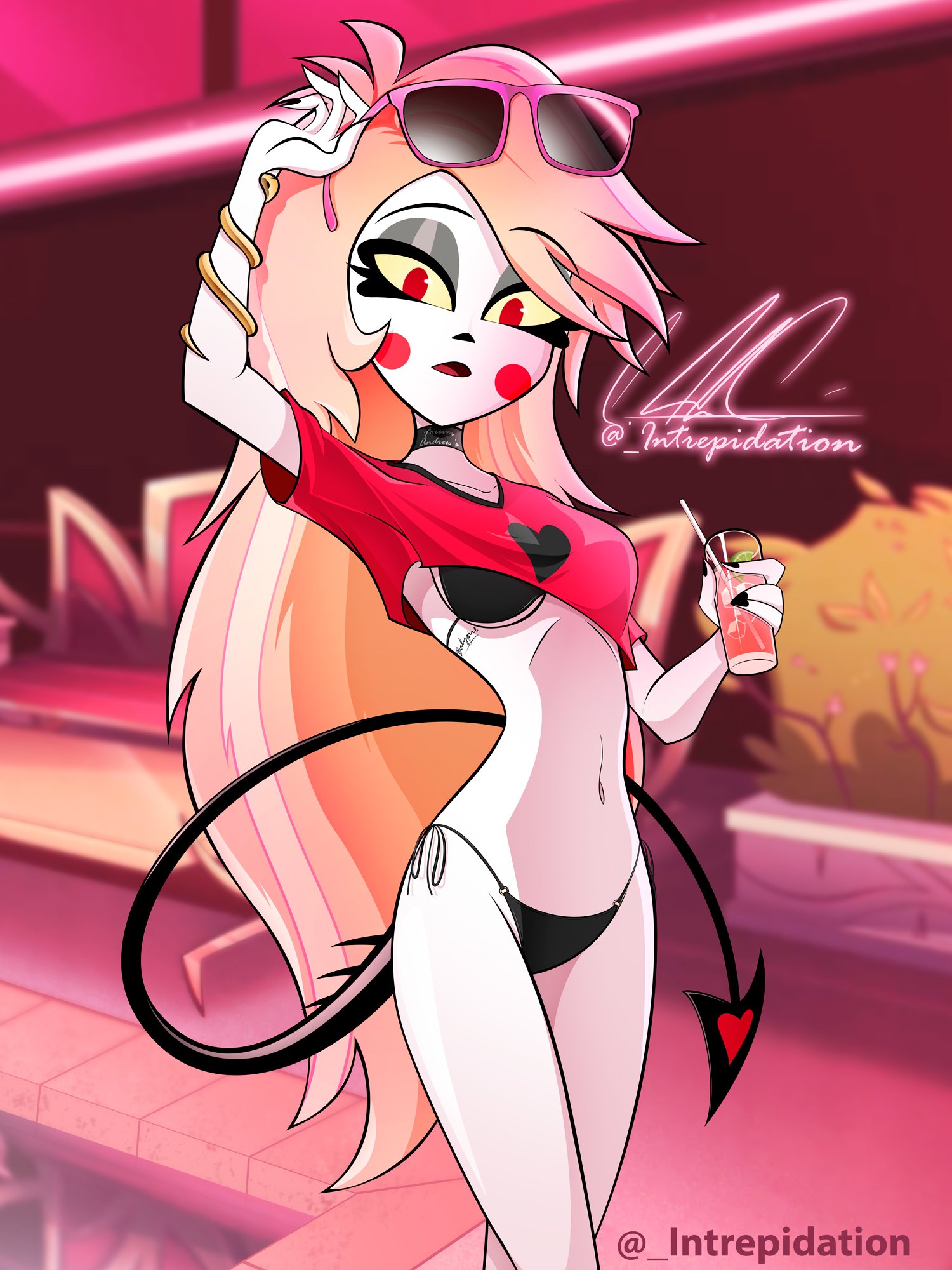 1girls, 2d, charlie morningstar (hazbin hotel), clothing, female, gta vi cover girl, hazbin hotel, holding drink, long legs, slender legs, solo, tagme, thighs