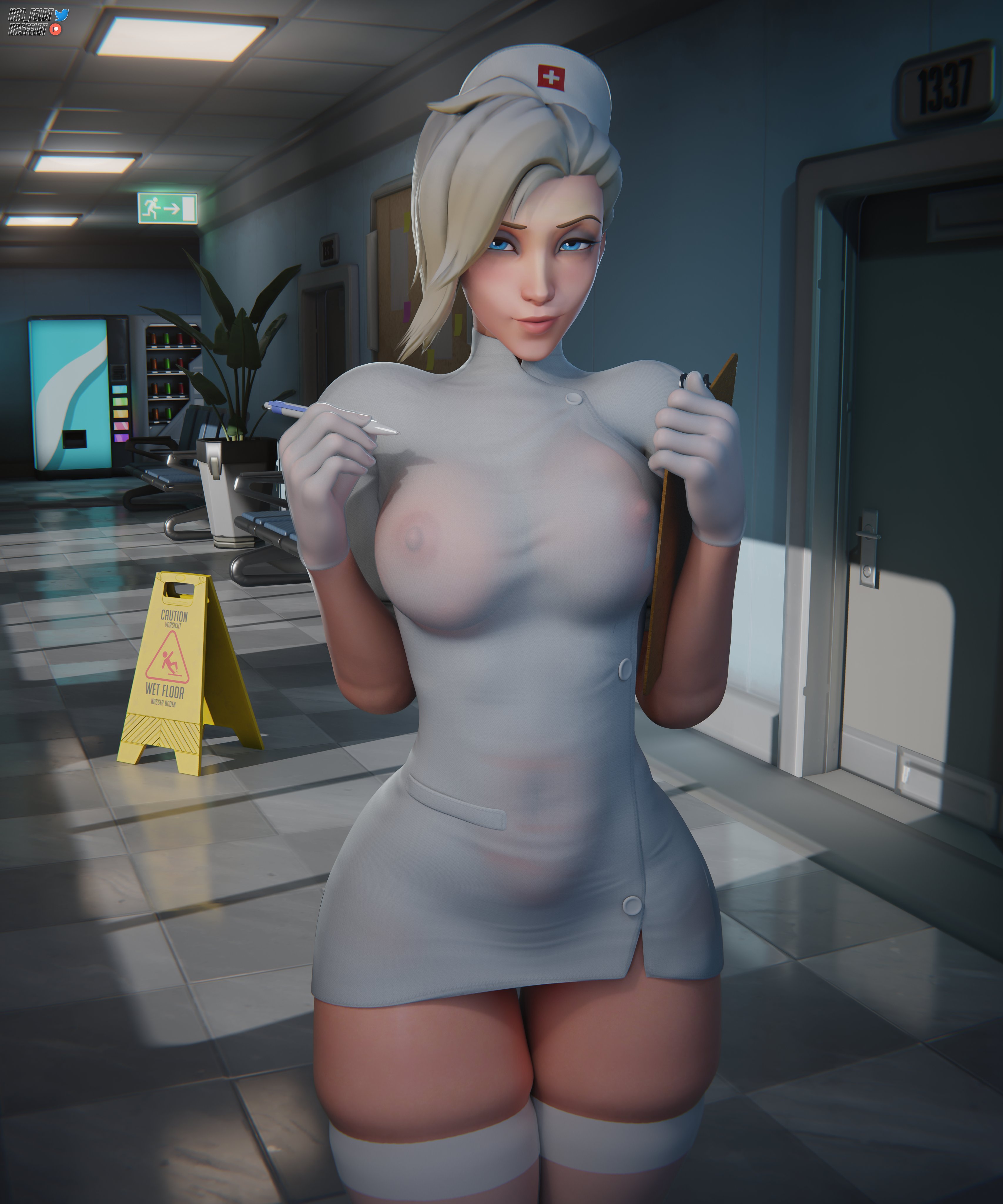 1girls, 3d, big breasts, breasts, child bearing hips, female, female only, hasfeldt, light skin, light-skinned female, mercy, nurse, nurse uniform, overwatch, see-through, see-through clothes, see-through clothing, solo, solo female, wide hips