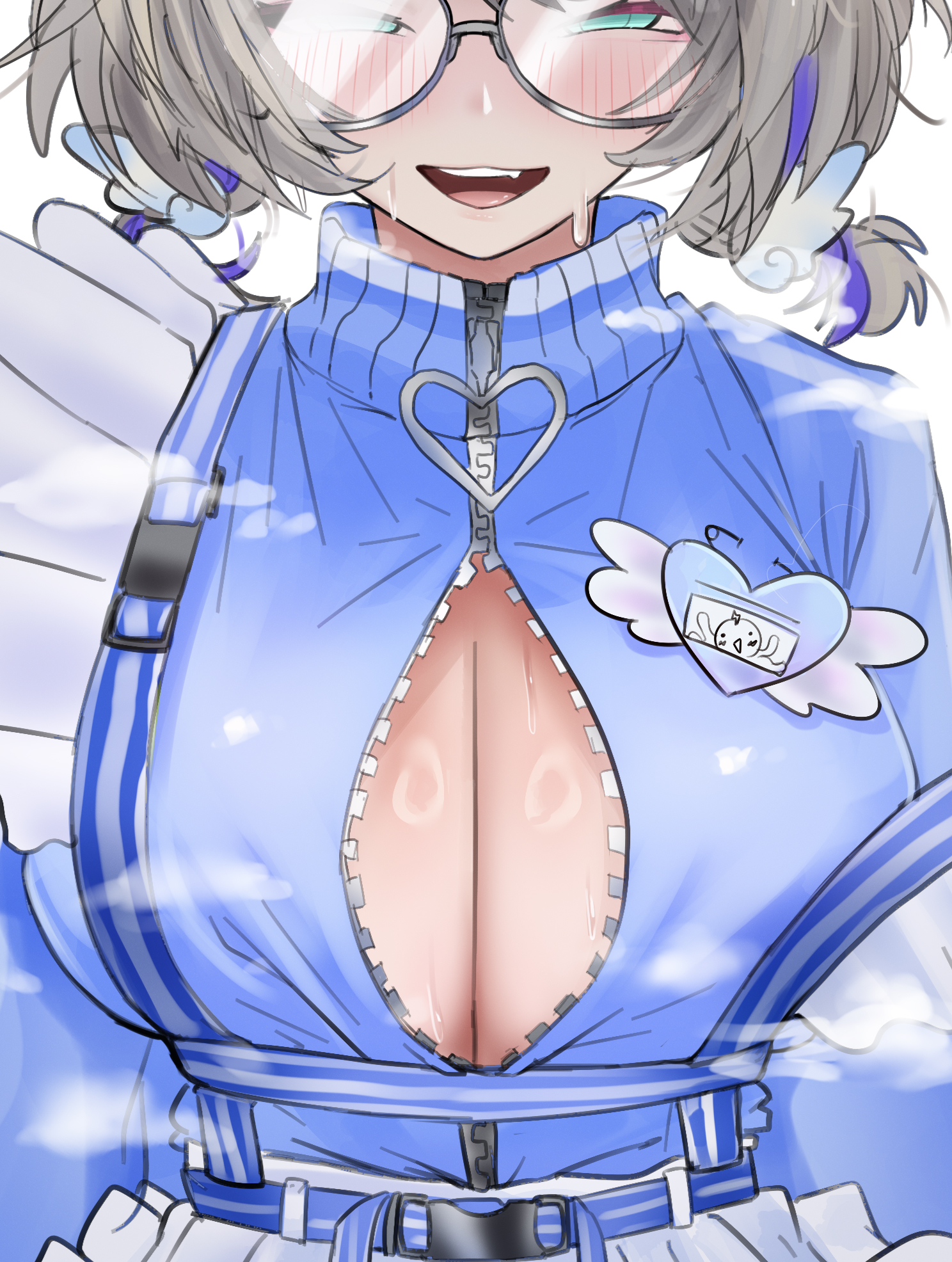 1girl, 1girls, aqua eyes, big breasts, blue sweater, breasts, commentary, english commentary, female, glasses, grey hair, heart, heiz illust, highres, jersey maid, large breasts, maid, multicolored hair, open mouth, phase connect, purple hair, rinkou ashelia, safety pin, solo, streaked hair, sweat, sweater, teeth, tits, unconventional maid, upper teeth only, virtual youtuber, vtuber, zipper