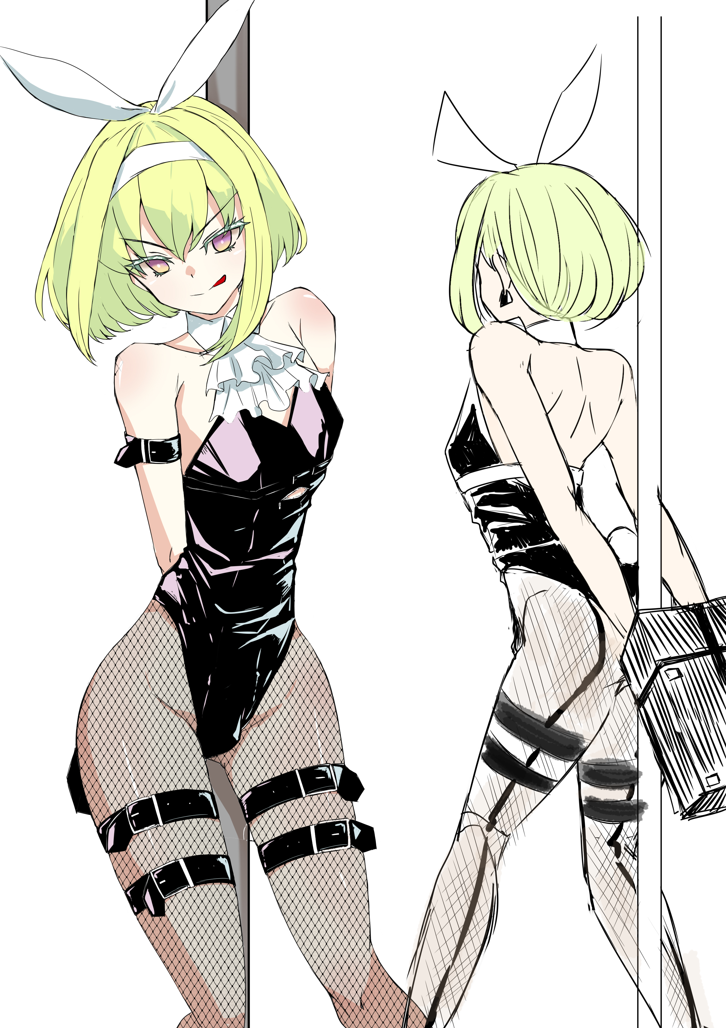 1boy, 1femboy, androgynous, bdsm gear, blonde hair, bob cut, bondage, bulge, bunny ears, bunny tail, bunnysuit, crossdressing, fake animal ears, femboy, femboy only, feminine faced male, feminine male, fishnet legwear, fishnets, handcuffed, handcuffs, leotard, licking own lips, lio fotia, looking at viewer, male playboy bunny, petite, petite body, petite male, playboy bunny, pole, promare, restrained, seductive, seductive look, short hair, short male, slim, slim male, slim waist, solo, thigh gap, thigh strap, thin waist, tongue out, twink, wide hips