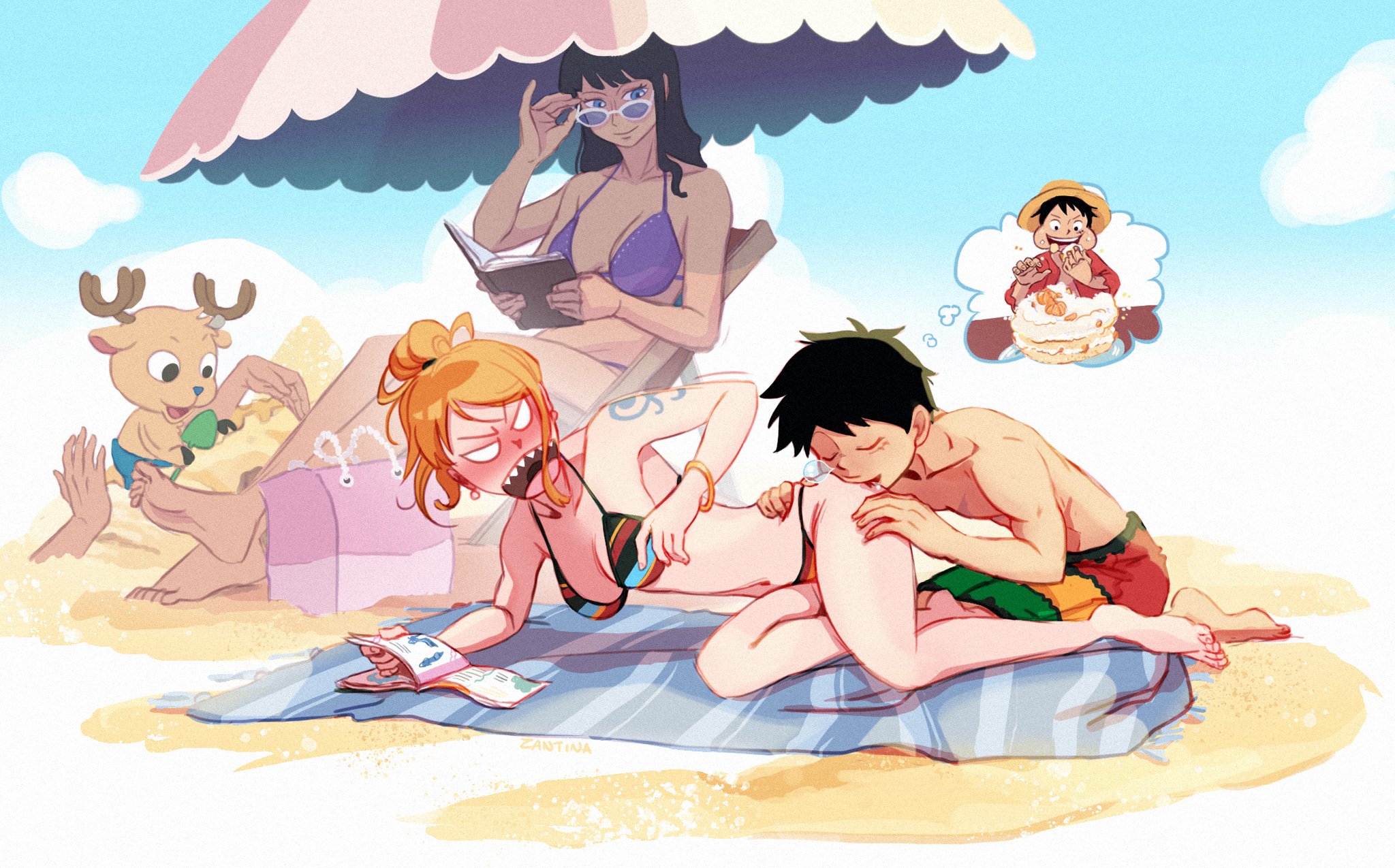 2boys, 2girls, arm tattoo, asleep, bathing, bathing suit, beach, bikini, bikini bottom, bikini top, black hair, black-haired female, black-haired male, blue tattoo, blush, blushing, butt, butt cheeks, butt grab, cake, color, colored, colour, coloured, comedic, devil fruit power, dream, dreaming, dubious consent, eating ass, eating cake, female, female/male, flustered, food, funny, funny face, ginger, ginger hair, hana hana no mi, kissing, kissing ass, kissing butt, kissing cheek, male, male/female, monkey d luffy, mouth on ass, mouth on butt, multiple arms, nami, nami (one piece), nico robin, one piece, orange hair, orange-haired female, post-timeskip, shorts, sleeping, straight, sunbathing, sunglasses, sunglasses on face, swimming trunks, tattoo, tony tony chopper, unaware, unintentional, zantinaa