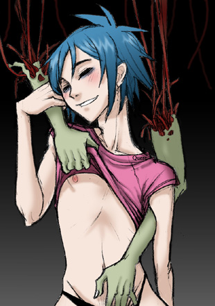 1boy 2d_(gorillaz) artist_request blue_hair blush closed_eyes dismembered_arm gorillaz lowres male male_only