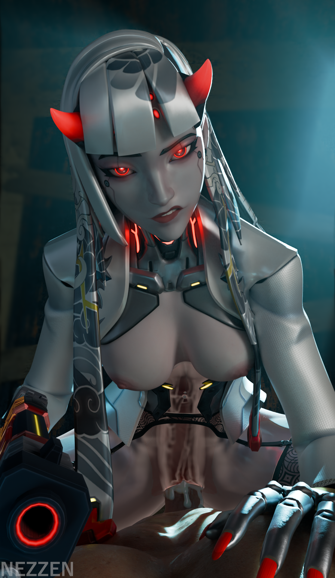 3d, blender, cowgirl position, creampie, gun pointing, internal, internal cumshot, lipbite, nezzen, overwatch, overwatch 2, pov, pov eye contact, riding penis, shion (overwatch)