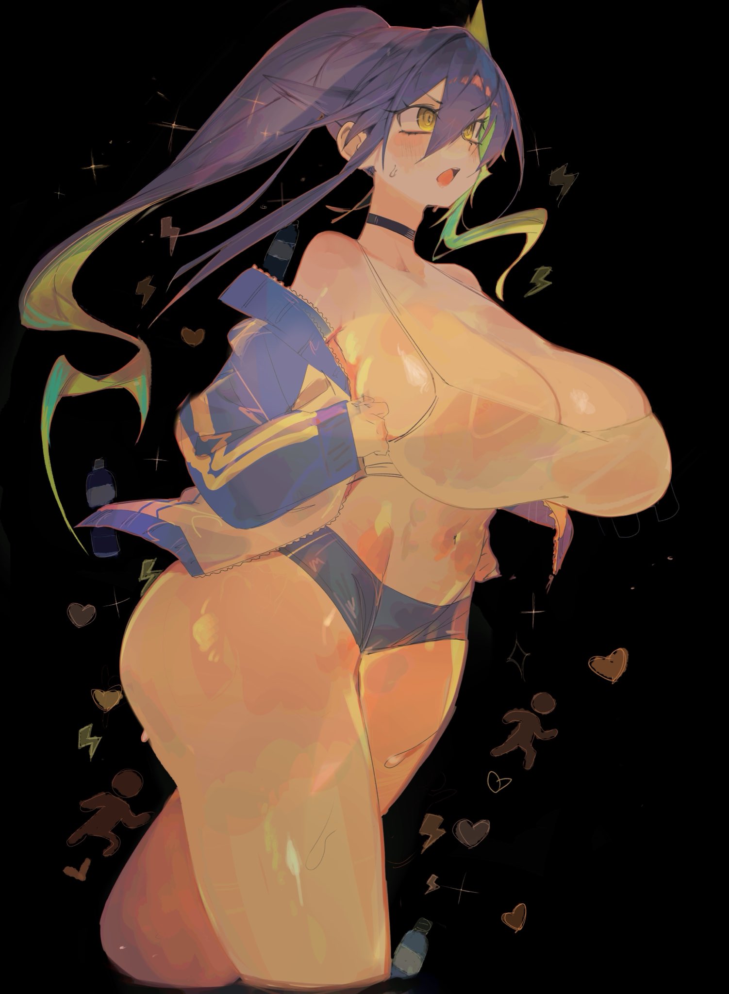 1girls, 2026, black background, breasts, choker, clothed, female, female focus, female only, green hair, jacket, kanan-sama wa akumade choroi, large breasts, midriff, purple hair, running, shinryuji tekka, short shorts, shorts, solo female, sweat, thighs, two-tone hair, usa37107692, yellow eyes