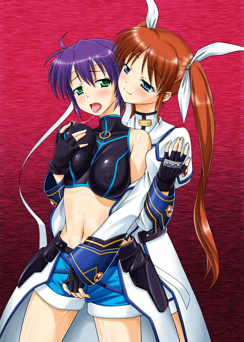 blue_eyes blush breasts erect_nipples female fingerless_gloves gloves green_eyes hair_ribbon halter_top halterneck headband highres kakitsubata_tsukune lyrical_nanoha mahou_shoujo_lyrical_nanoha mahou_shoujo_lyrical_nanoha_strikers midriff multiple_girls naughty_face navel open_mouth orange_hair purple_hair pussy_juice ribbon saliva saliva_trail short_hair short_shorts shorts smile subaru_nakajima takamachi_nanoha tied_hair tongue tongue_out twintails yuri