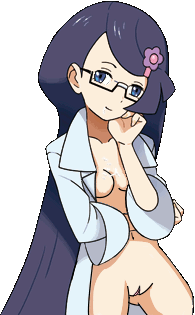 bare_midriff blue_eyes blue_hair blush bottomless breasts coat color cum cum_in_mouth cum_on_breasts dreamworld female female_only fennel_(pokemon) glasses hairclip human labcoat long_hair looking_at_viewer midnightspook navel nude photoshop pokemon pokemon_bw smiling solo transparent_background underboob vulva