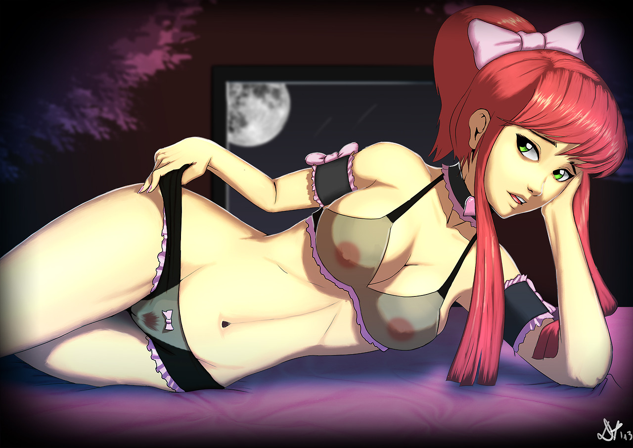 1girls, apple bloom (mlp), arm garter, bra, breasts, choker, deilan12, female, female only, friendship is magic, green eyes, hairbow, human, humanized, lingerie, lying, moon, my little pony, navel, night, nipples, on side, panties, ponytail, pubic hair, red hair, see-through, solo, tied hair
