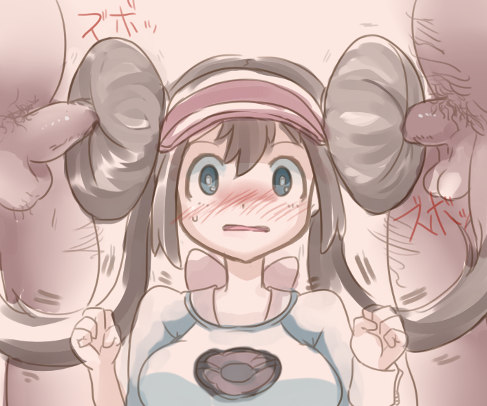 2boys artist_request blue_eyes blush brown_hair bunjob clothed_sex double_bun double_penetration fat_man female hairjob hat human male penetration penis pokemon pokemon_bw2 rosa_(pokemon) straight uncensored visor_cap