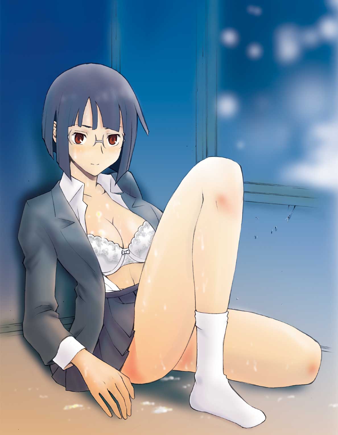 blazer bob_cut bra breasts bukkake cleavage cum durarara!! glasses highres lingerie open_clothes open_shirt red_eyes short_hair sitting skirt sonohara_anri underwear