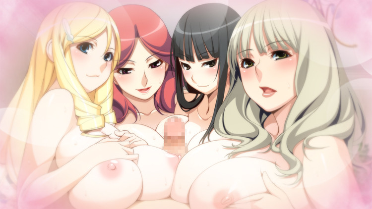 4girls areolae black_hair blonde_hair blue_eyes blush breast_grab breasts brown_eyes censored character_request cleavage drill_hair female game_cg green_eyes grey_hair hairclip huge_breasts lips long_hair male multiple_girls multiple_paizuri nipples no_bra open_mouth paizuri penis quadruple_paizuri red_eyes red_hair source_request straight topless