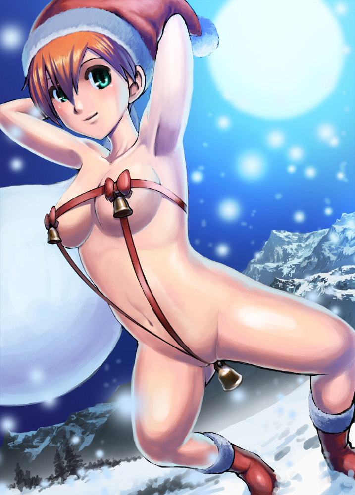 bad_censor bell blush breasts bule censored christmas covered_nipples covering covering_crotch exhibitionism female female_only fisheye_lens green_eyes hat human human_only kasumi_(pokemon) looking_at_viewer naked_ribbon orange_hair pokemon ribbon santa_hat snow solo