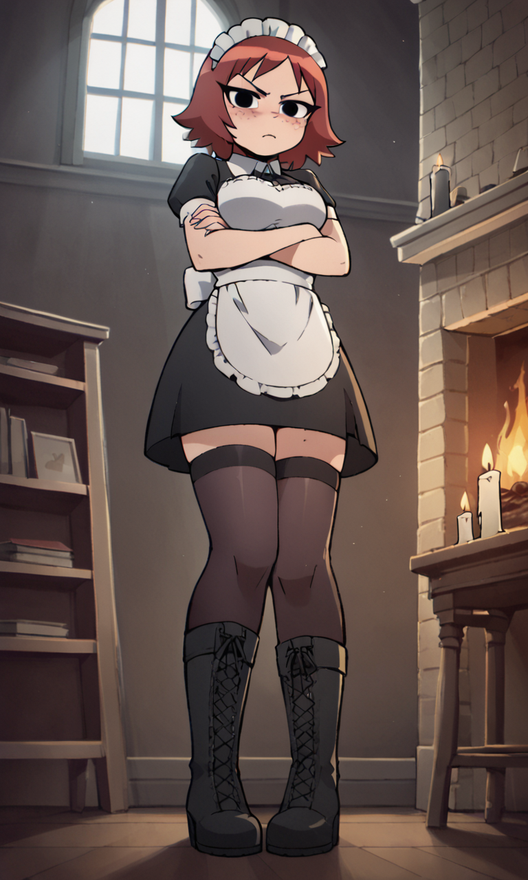 ai_generated ass bigmic145 black_eyes boots breasts eyeshadow female female_only freckles freckles_on_face kim_pine maid maid_uniform medium_breasts netflix red_hair scott_pilgrim scott_pilgrim_takes_off solo solo_female thighhighs