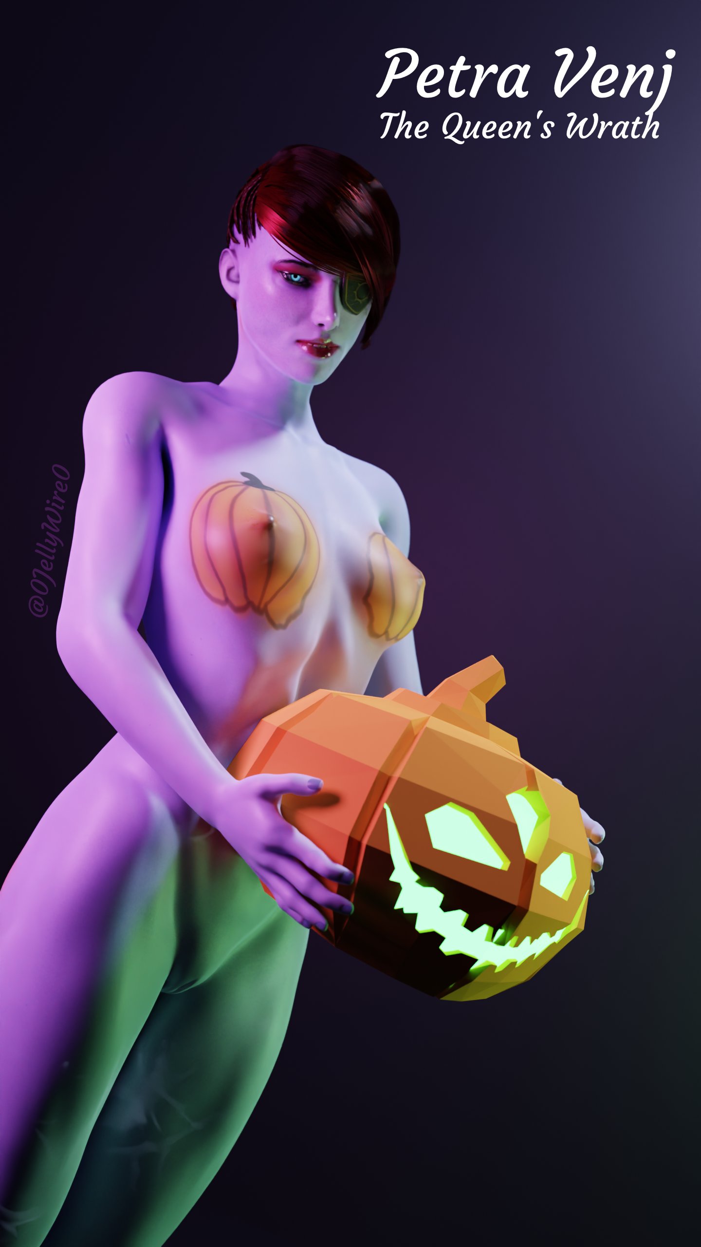 0jellywire0 1girls 3d awoken black_sclera blue_body blue_eyes blue_skin bodypaint breasts bungie destiny_(game) destiny_2 eye_patch eyepatch female glowing_eyes halloween lipstick looking_at_viewer nipples nude nude_female paint petra_venj pumpkin pussy red_hair red_lips red_lipstick short_hair small_breasts tagme thighs