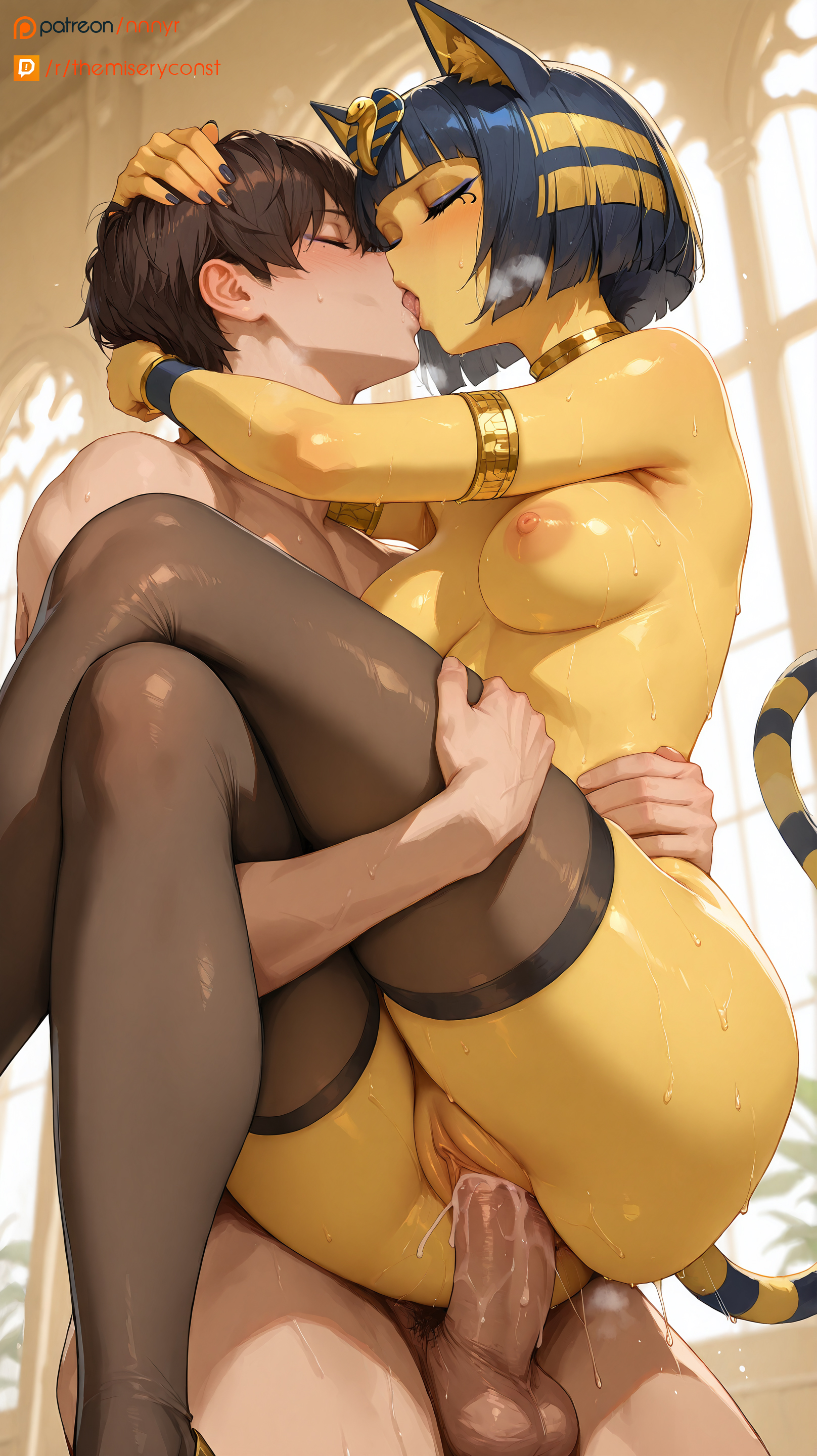 1boy, 1girls, ai generated, animal crossing, animal ears, animal tail, ankha, ankha (animal crossing), anthro, black nails, blue hair, blush, bob cut, braces, breasts, brown hair, carrying, carrying partner, carrying position, cat, closed eyes, crossed legs, dark hair, egyptian, egyptian female, eyeliner, feline, female, female on human, french kiss, french kissing, hug, hugging, hugging head, hugging partner, human, human on anthro, jewelry, kissing, kissing while penetrated, legs together, male, male on anthro, medium breasts, nintendo, nnnyr, on arms, on hands, open mouth, penetration, penis, pussy, pussy juice, pussy juice drip, sex, short hair, side view, stable diffusion, stockings, straight, tail, tongue, tongue kiss, vaginal penetration, vaginal sex, wet, wet body, wet pussy, yellow body, yellow skin
