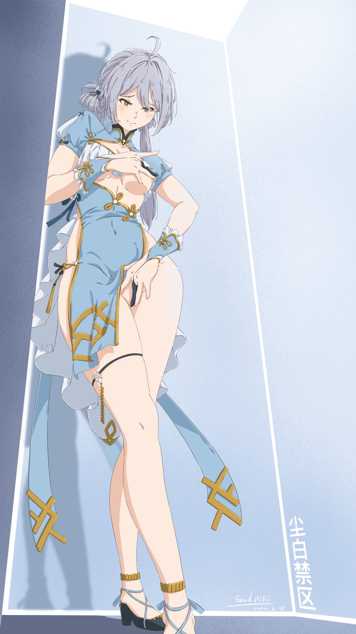 ahoge blue_dress blush breasts china_dress chinese_clothes dress grey_hair high_heels highleg highleg_dress highres lyfe_bestla mandarin_collar medium_breasts nipples partially_visible_vulva pussy side_slit snowbreak:_containment_zone tanaka29556626 twintails yellow_eyes