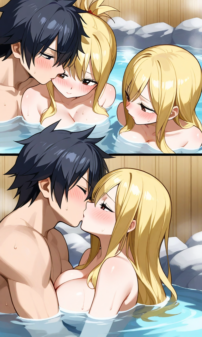 ai_generated black_hair blonde_hair clone fairy_tail gray_fullbuster hot_springs lucy_heartfilia pixai twins