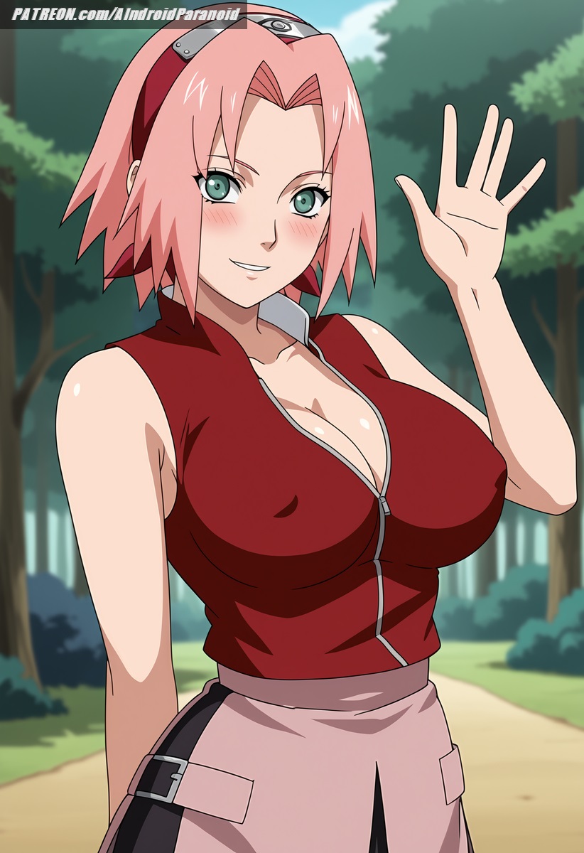 ai_generated aindroidparanoid ass big_breasts blush boruto:_naruto_next_generations breasts curvy female flirting forest grabbing_breasts green_eyes huge_breasts large_breasts narrow_waist naruto naruto_(classic) naruto_(series) naruto_shippuden ninja nipples outdoors pink_hair sakura_haruno short_hair slim_waist stable_diffusion straight_hair voluptuous waving