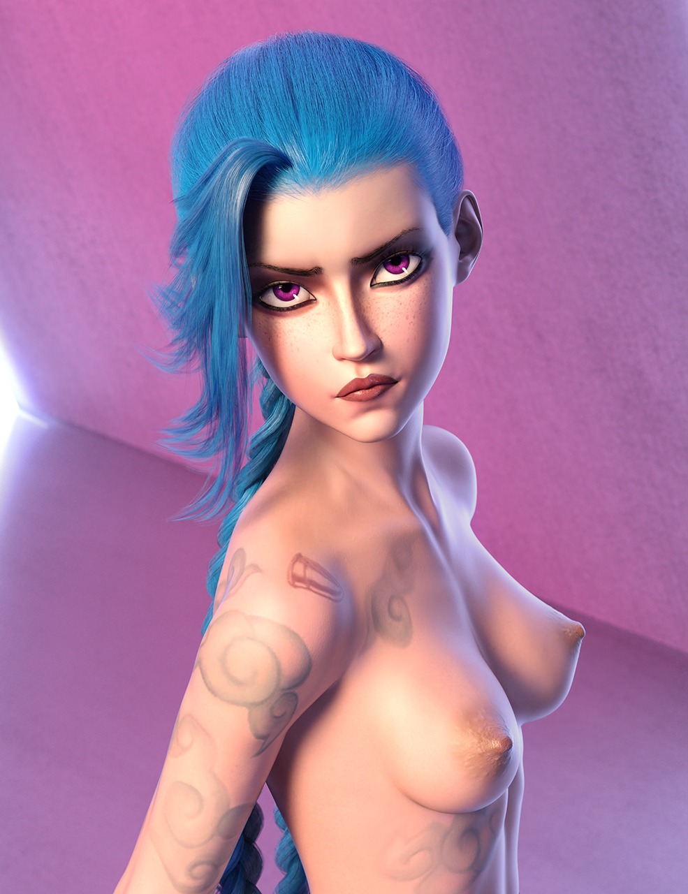 1girls 3d blue_hair breasts dboxx female jinx_(league_of_legends) league_of_legends nipples solo tattoo