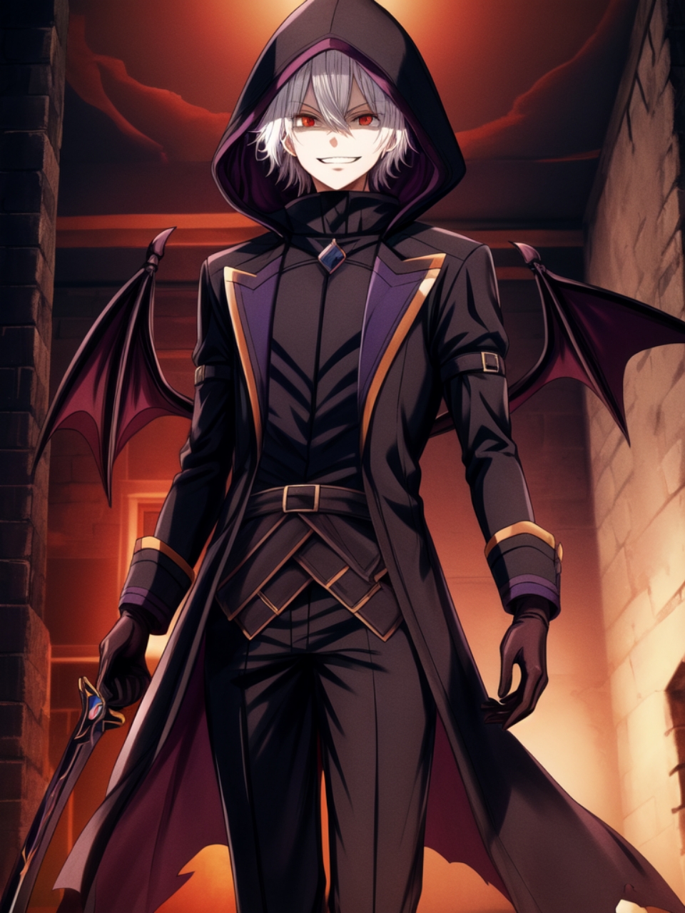 ai_assisted ai_generated black_gloves black_hood black_suit cave cid_kagenou demon_eyes demon_wings dungeon evil_grin evil_smile glowing_eyes holding_sword kage_no_jitsuryokusha_ni_naritakute! male_only nai_diffusion shadow the_eminence_in_shadow white_hair