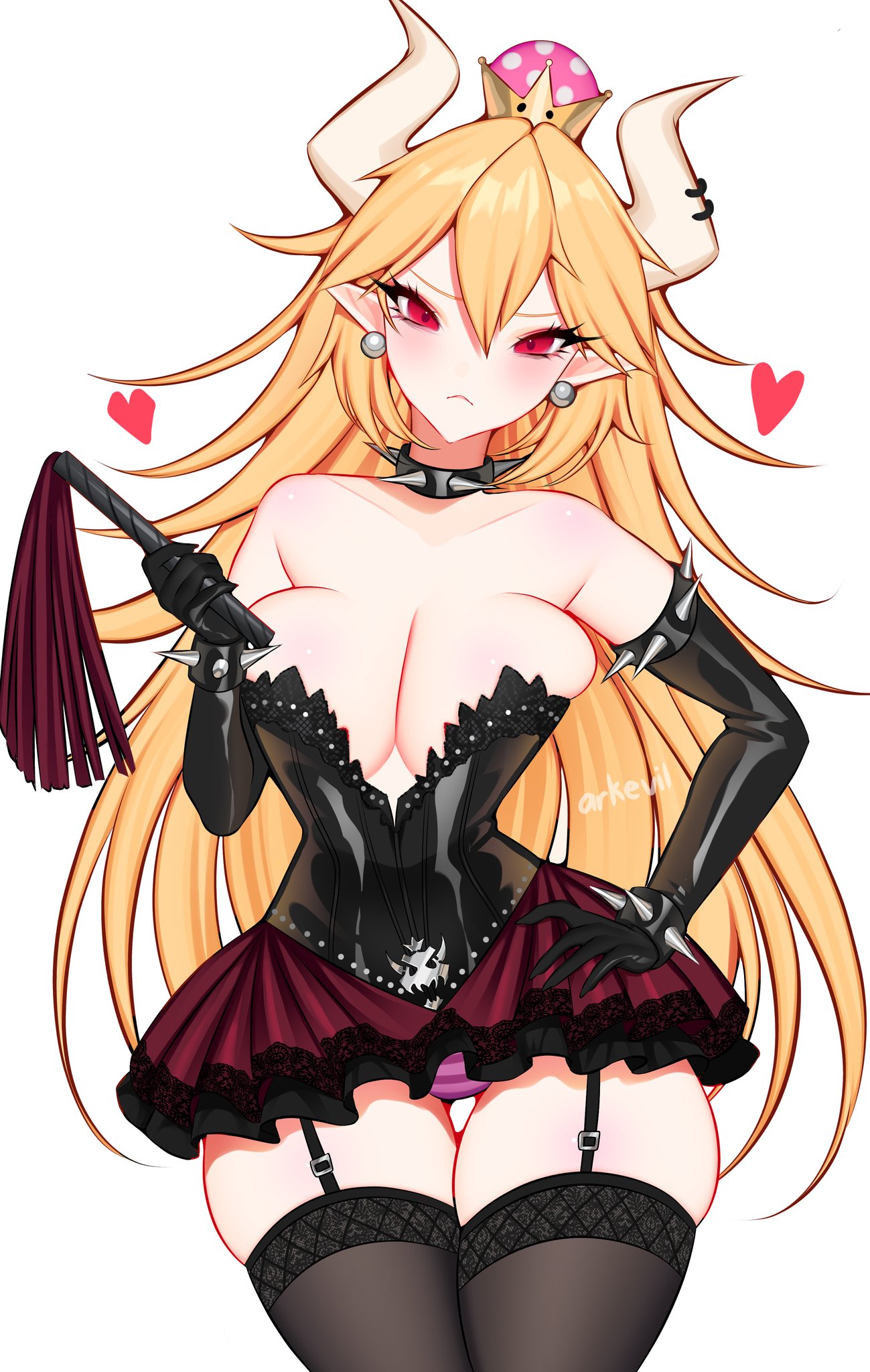 arkevil artist_name big_breasts blonde_hair bowsette cleavage collar earrings elbow_gloves female female_only fully_clothed gloves heart holding_object horns long_gloves mario_(series) microskirt miniskirt nintendo panties panty_peek pantyshot pantyshot_(standing) red_eyes revealing_clothes simple_background skimpy_clothes skindentation skirt spiked_collar stockings thick_thighs thigh_gap thighhighs