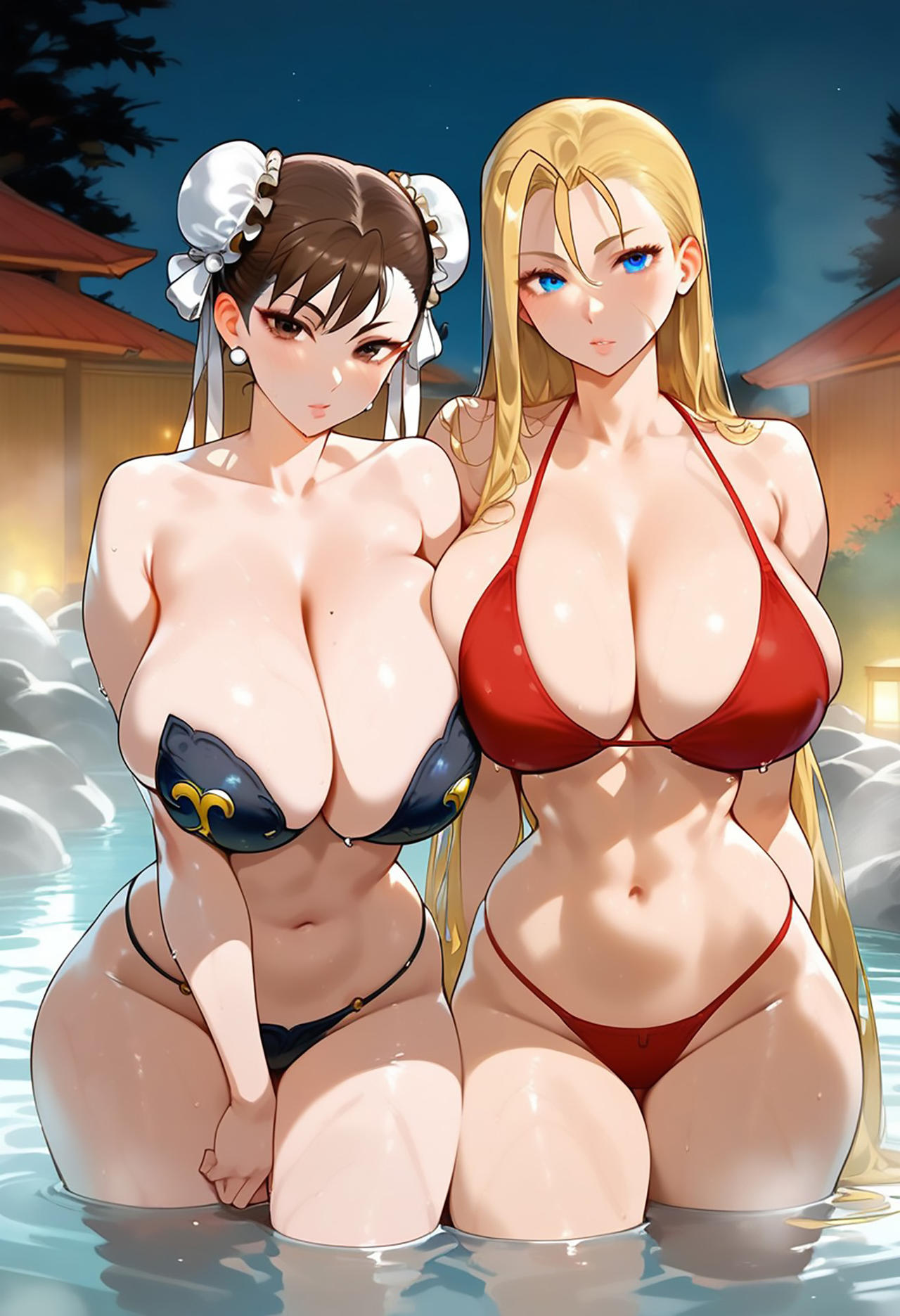 2girls ai_generated aiartf4 ass bath big_ass big_breasts bikini blonde_hair breasts brown_hair cammy_white chun-li curvy dark_skinned_female deviantart female female_only gigantic_breasts huge_breasts mature mature_body mature_figure mature_woman milf mommy soft_breasts street_fighter thick thick_ass thick_thighs thighs voluptuous voluptuous_female wide_hips