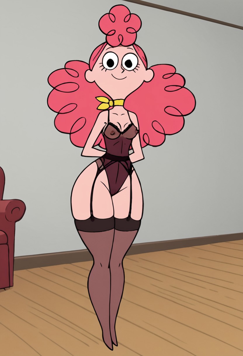 ai_generated big_ass black_eyes curly_hair female female_only full_body garter_straps leotard lingerie living_room medium_breasts mrs._jewels nipples_visible_through_clothing pink_hair smile solo solo_female thick_thighs user_zhfj2523 wayside wide_hips