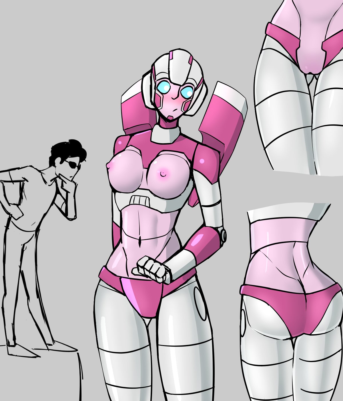 1boy 1girls arcee arcee_(g1) ass blue_eyes breasts medium_breasts nipples panties pink_nipples pink_panties pink_skin pussy robot robot_girl robot_humanoid splooshotron transformers transformers_g1 vagina