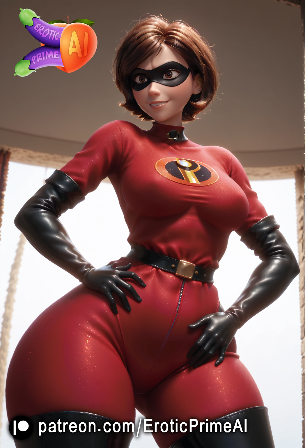 1female 1girls ai_generated brown_eyes brown_hair eroticprimeai exposed_breasts exposed_nipples female helen_parr latex latex_bodysuit latex_gloves latex_stockings latex_suit latex_thighhighs milf mommy patreon_username red_latex short_hair smile solo solo_female stockings suit the_incredibles the_incredibles_2 white_skin