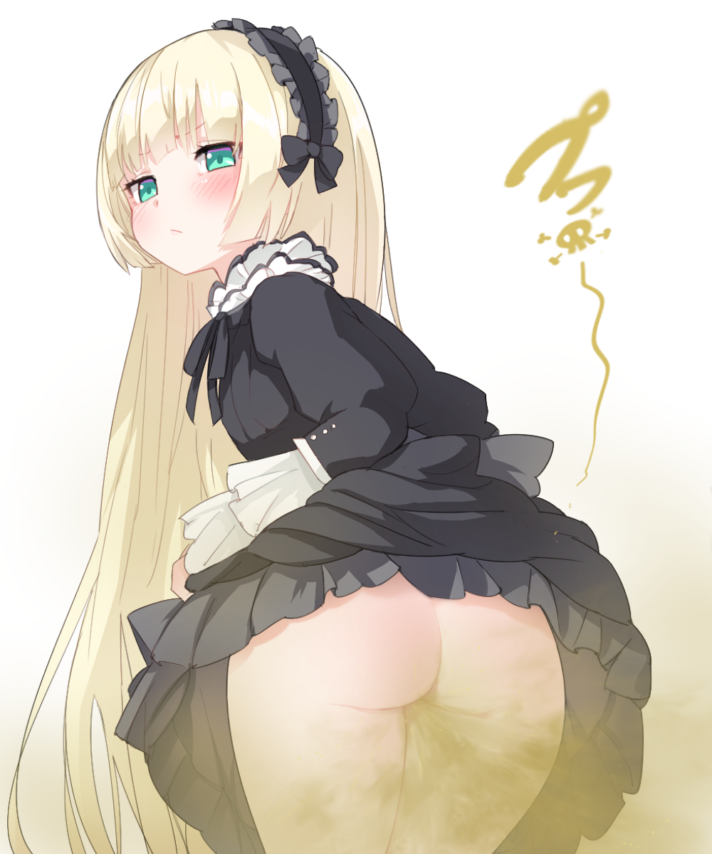 13o 1girl ass blonde_hair butt_crack fart fart_cloud farting long_hair maid_uniform skirt_lift sole_female solo young young_female