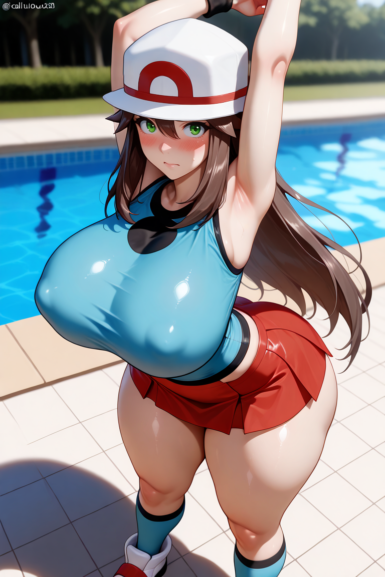 adult_female ai_generated big_breasts big_butt female hat leaf leaf_(pokemon) pokemon pose round_ass sexy skirt sleeveless_shirt stretching swimming_pool thick_thighs ul7990