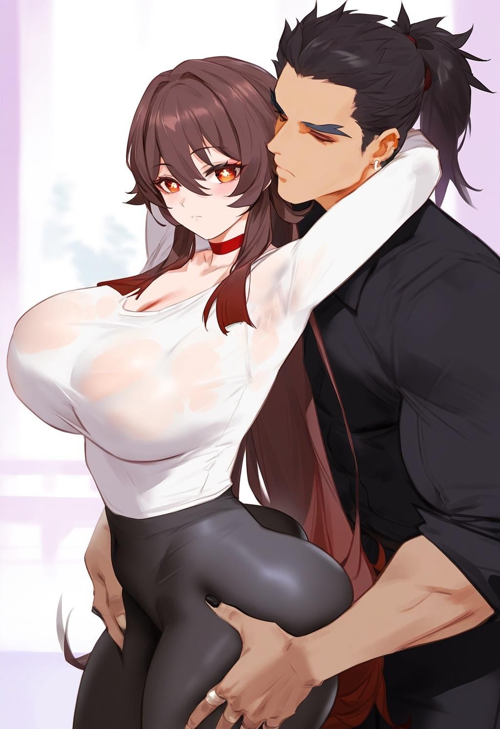 1boy, 1girls, ai generated, boobs and butt pose, breasts, dark skin, dark-skinned male, female, genshin impact, grabbing, grabbing ass, grabbing from behind, hu tao (genshin impact), interracial, light skin, light-skinned female, male, straight