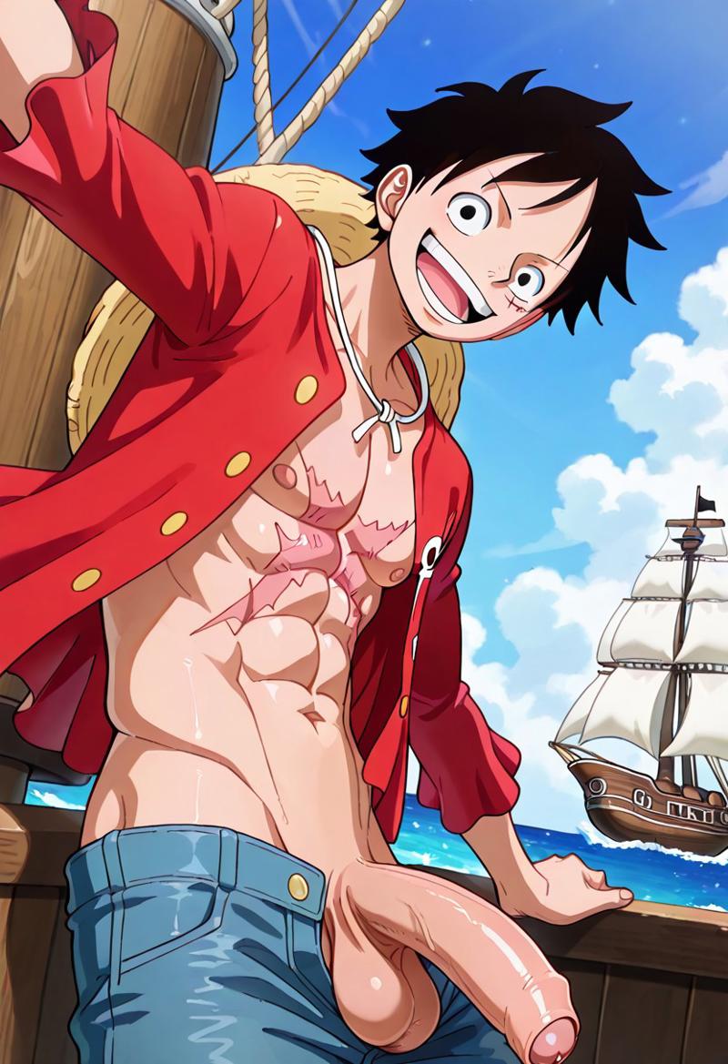 abs, ai generated, balls, biceps, big balls, big penis, black hair, blush, foreskin, gay, looking at viewer, male, male only, monkey d luffy, muscular, muscular male, nipples, nude male, one piece, open mouth, pants, partially retracted foreskin, pecs, penis, pirate ship, red shirt, retracted foreskin, scar, scar on chest, scar under eye, smile, straw hat, toned body, toned male, twall97, unbuttoned pants, uncircumcised, uncut
