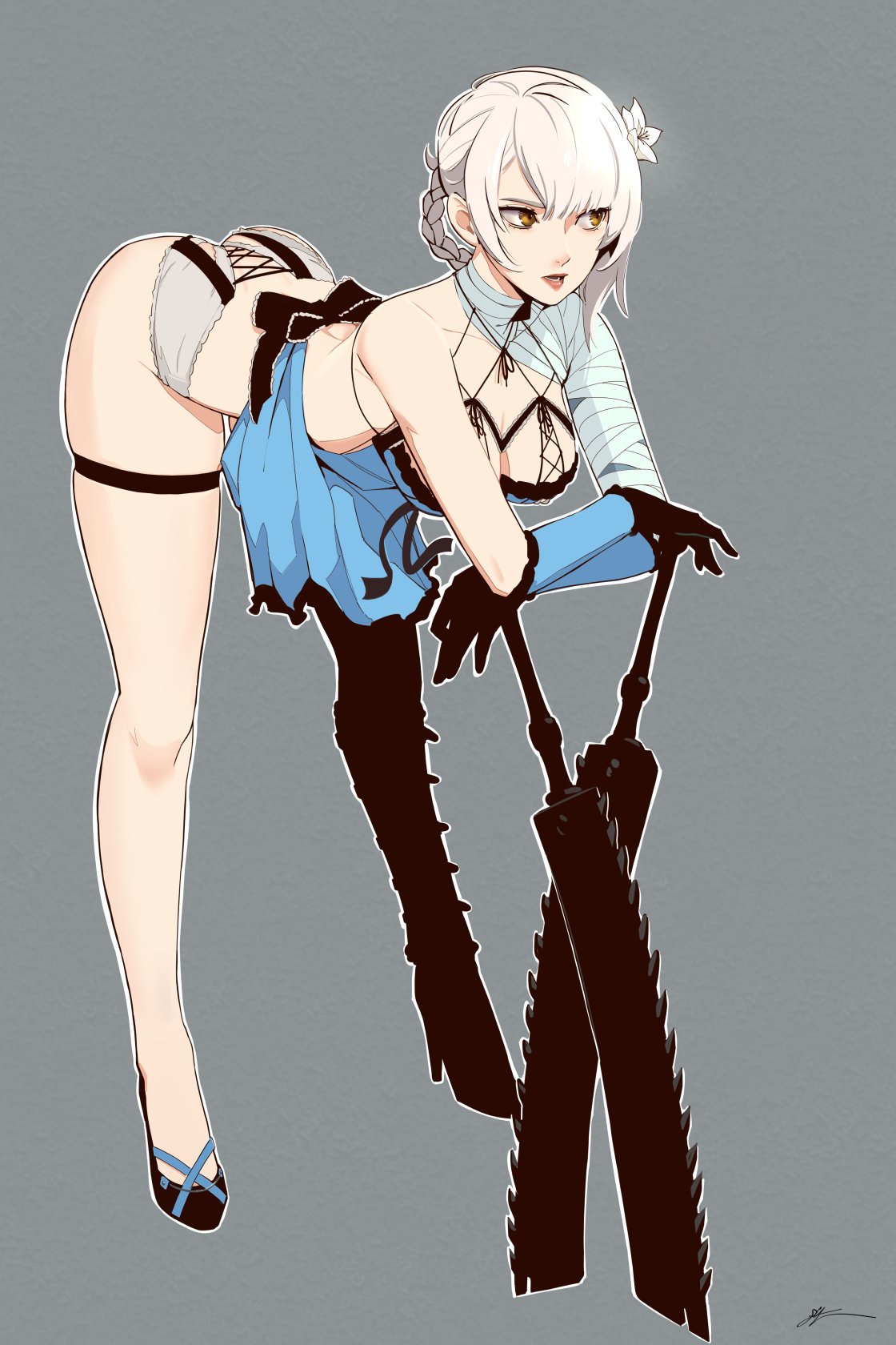 1girls bent_over dress eightyfourart female kaine_(nier) nier nier_replicant square_enix weapon weapons