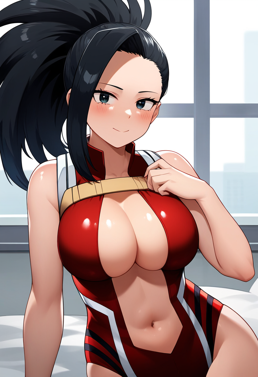 1girls ai_generated big_breasts bikini black_eyes black_hair boku_no_hero_academia breasts cleavage collarbone female female_focus female_only hero_outfit_(mha) heroine huge_breasts keinovelnovelai large_breasts momo_yaoyorozu my_hero_academia smile solo tied_hair