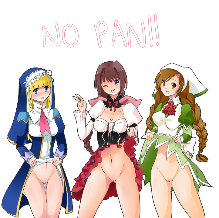 3girls airy_ardet amil_manaflare blonde_hair blue_eyes blunt_bangs blush bottomless braid breasts brown_eyes brown_hair cleavage clothing drawfag dress dress_lift female hair_ornament hat long_hair midriff multiple_girls navel neris_filiam no_panties nun open_mouth pointy_chin pussy shaved_pussy shining_(series) shining_hearts smile twin_braids uncensored wink