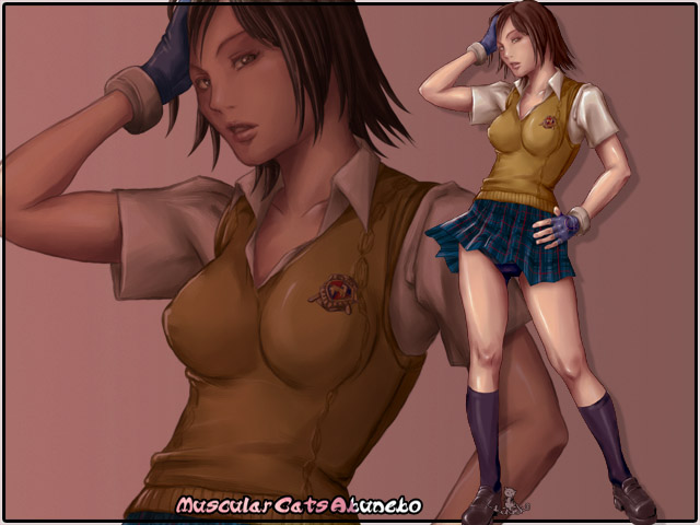 akuneko breasts brown_hair footwear gloves hand_on_head hand_on_hip impossible_shirt kazama_asuka miniskirt school_uniform schoolgirl short_hair skirt socks tekken