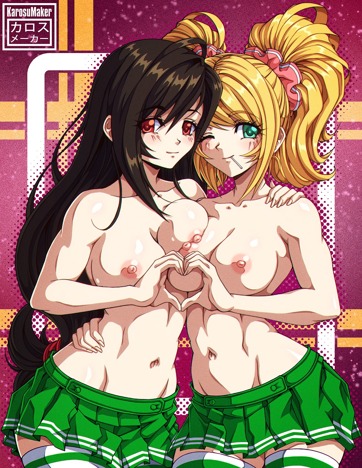 2girls artist_name asymmetrical_docking big_breasts black_hair blonde_hair blush breast_press breasts cheerleader cheerleader_uniform collarbone crossover female female_only final_fantasy final_fantasy_vii green_eyes heart_hands heart_hands_duo hi_res juliet_starling karosu-maker lollipop_chainsaw long_hair long_ponytail looking_at_viewer medium_breasts miniskirt navel nipples one_eye_closed pleated_skirt red_eyes scrunchie sidelocks skirt smile square_enix standing thighhighs tied_hair tifa_lockhart topless twintails very_long_hair yuri