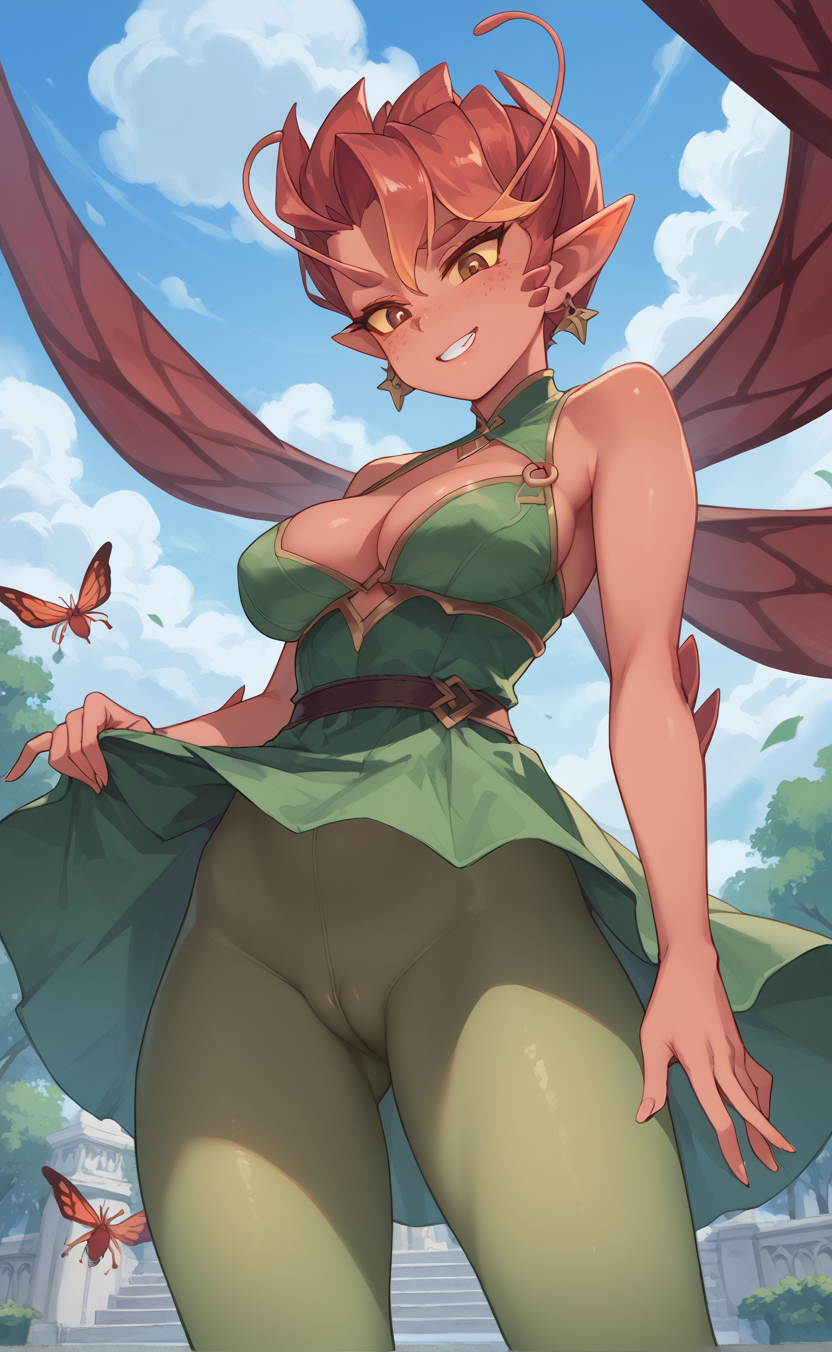 1girls ai_generated cameltoe cute dark_willow dota_2 fairy fairy_wings pussy skirt_lift skirt_lifted_by_self wings