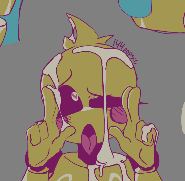 144popsic after_sex chica_(fnaf) cum cum_on_face five_nights_at_freddy's peace_sign straight tongue_out toy_chica_(fnaf)