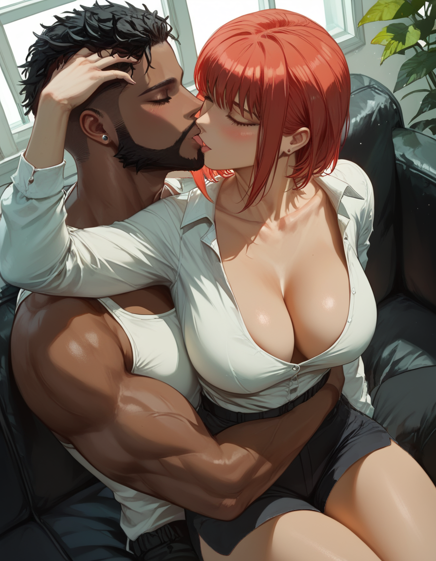 1boy ai_generated bob_cut booty_shorts chainsaw_man cleavage collarbone couch dark-skinned_male female gold_eyes interracial kissing l-major large_breasts long_sleeves makima_(chainsaw_man) pale-skinned_female pale_skin passionate_kiss plant plunging_neckline post-timeskip red_hair ringed_eyes short_hair sitting_on_lap thick_thighs yellow_eyes